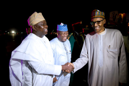 President Buhari with Governor of Zamfara H.E. Abubakar Yari and Governor of Lagos State H.E. Akinwunmi Ambode as he arrives New York ahead of his participation at the 71st Session of the UN General Assembly (UNGA 71) on 17th Sep 2016.