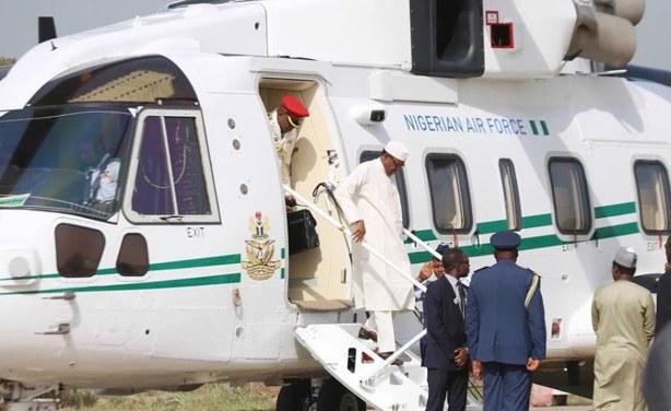 President Muhammadu Buhari getting off one of the helicopter